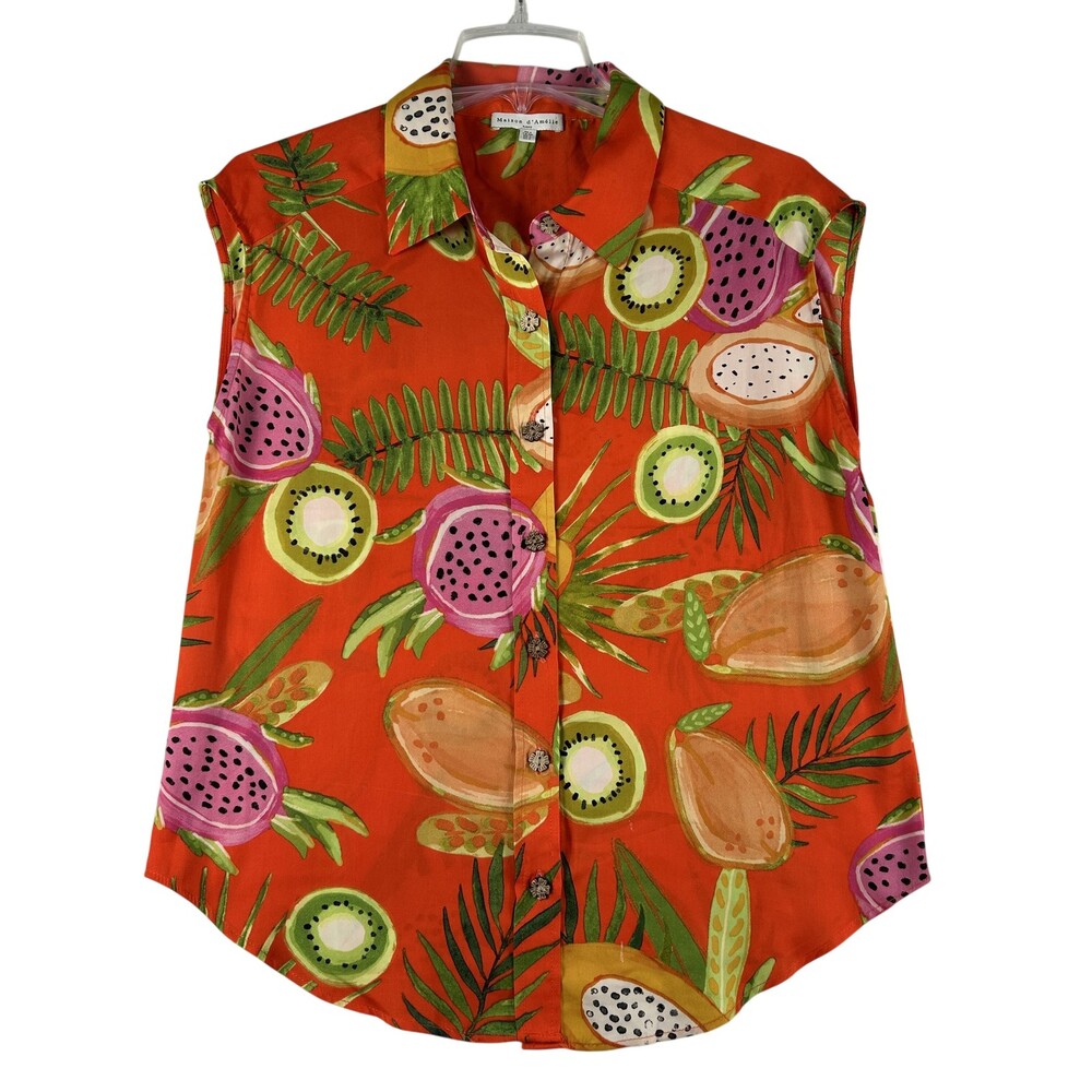 Maison D'Amelie Shirt Womens Small Tropical Fruit Button Up Sleeveless Orange